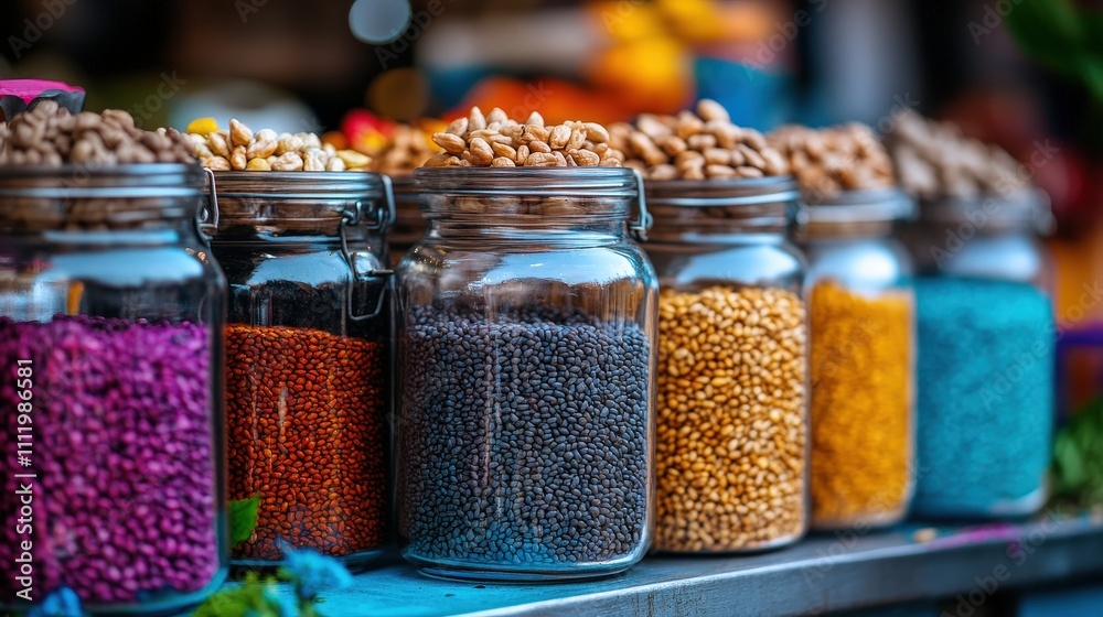 A vibrant display of jars filled with colorful seeds showcases the richness of diversity in nature, ready for crafting and culinary creativity at a bustling market. A vibrant display of jars filled with colorful seeds showcases the richness of diversity in nature, ready for crafting and culinary creativity at a bustling market.