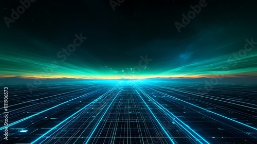 Futuristic Landscape with Abstract Lines and Neon Lights Over a Horizon at Dusk in a Digital Space Environment