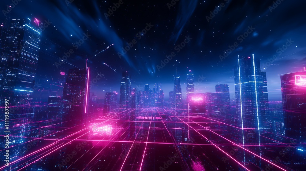 Fototapeta premium Futuristic Neon Cityscape with Glowing Lines and Starry Sky at Night in Cyberpunk Theme