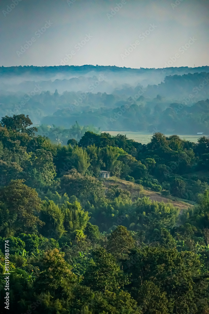 Fototapeta premium Breathtaking misty landscape scene mountainous region nature photography serene environment aerial view tranquil beauty