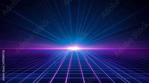 Futuristic Neon Grid with Rays of Light in Dark Space for Background or Graphic Design Projects