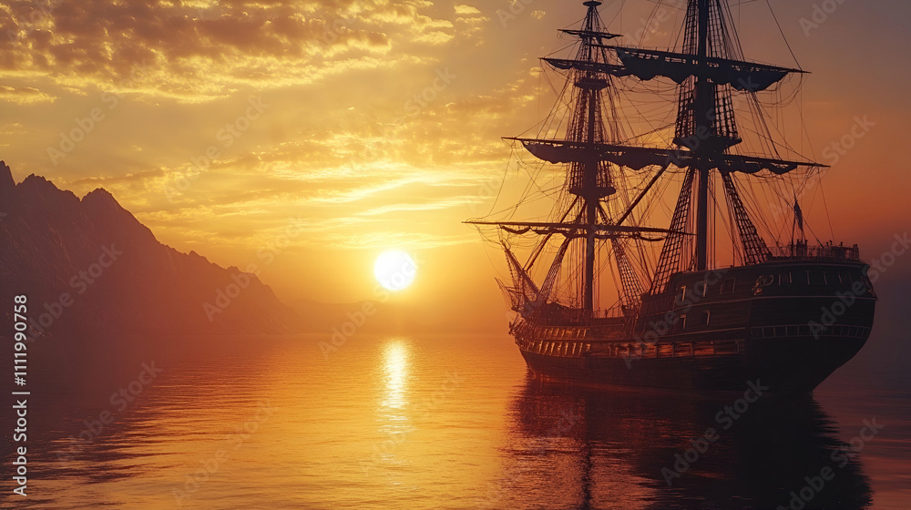 Iconic historic ship docked with a sunset reflecting over calm harbor waters Iconic historic ship docked with a sunset reflecting over calm harbor waters