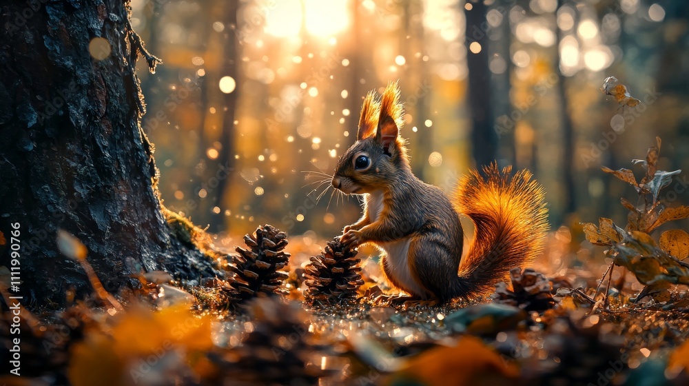 A lively squirrel explores the forest floor, searching for pine cones under the warm glow of the setting sun, surrounded by vibrant autumn foliage and gentle falling leaves. A lively squirrel explores the forest floor, searching for pine cones under the warm glow of the setting sun, surrounded by vibrant autumn foliage and gentle falling leaves.