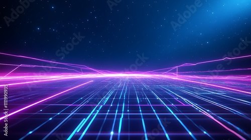 Futuristic Neon Landscape with Vibrant Lines and Starry Sky  Ideal for Technology and Sci-Fi Themes
