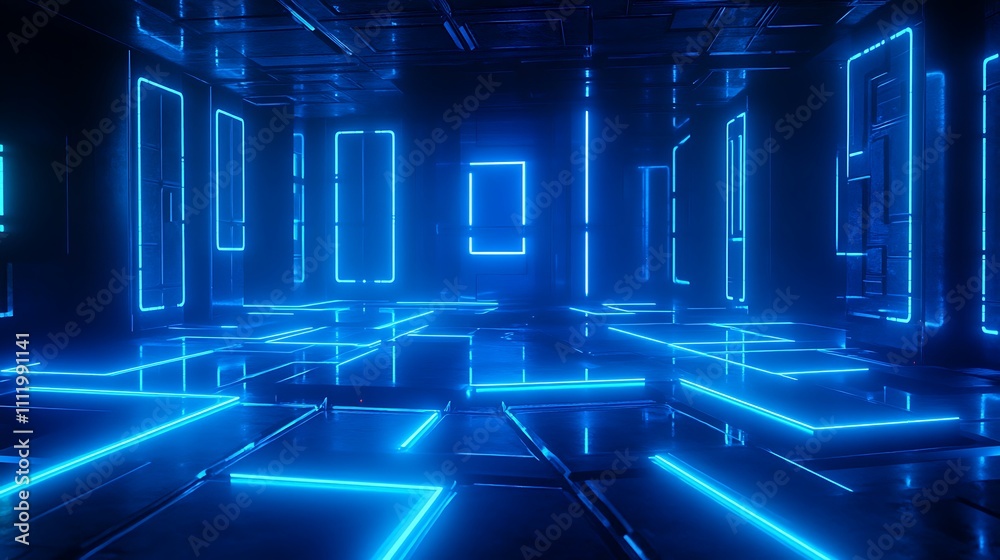 Futuristic Neon Light Room with Glowing Blue Strips and Reflections on Polished Floor Futuristic Neon Light Room with Glowing Blue Strips and Reflections on Polished Floor
