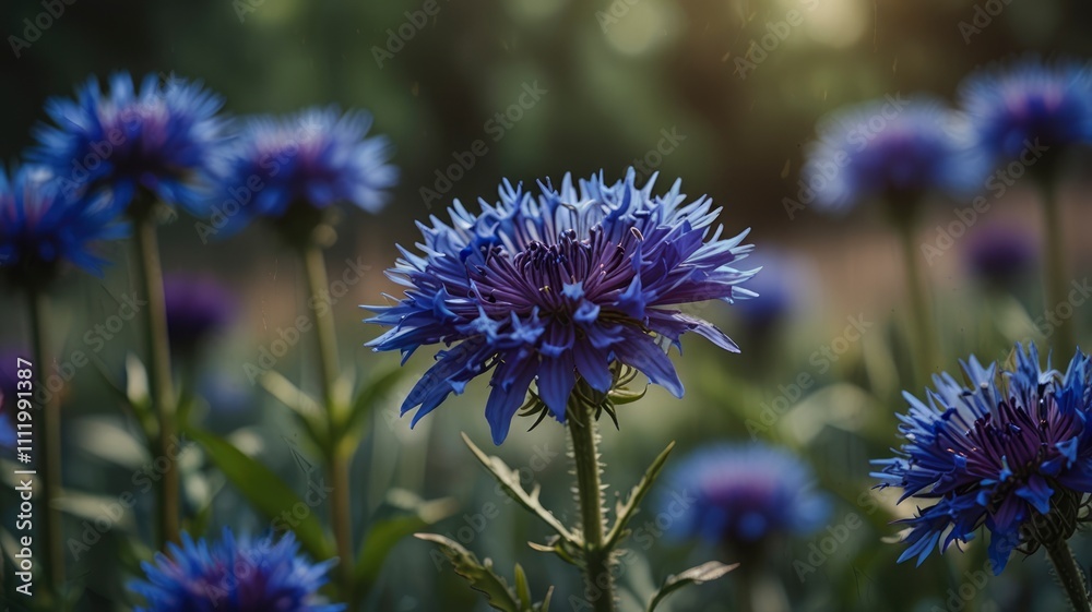 Close-up of vibrant blue cornflowers blooming in a garden, with a soft focus background creating a serene and natural atmosphere Close-up of vibrant blue cornflowers blooming in a garden, with a soft focus background creating a serene and natural atmosphere