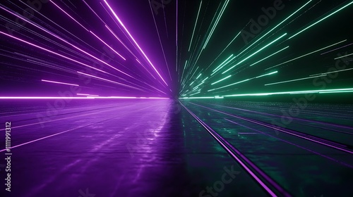 Futuristic neon lines speeding through a dark corridor creating dynamic light trails and surreal atmosphere