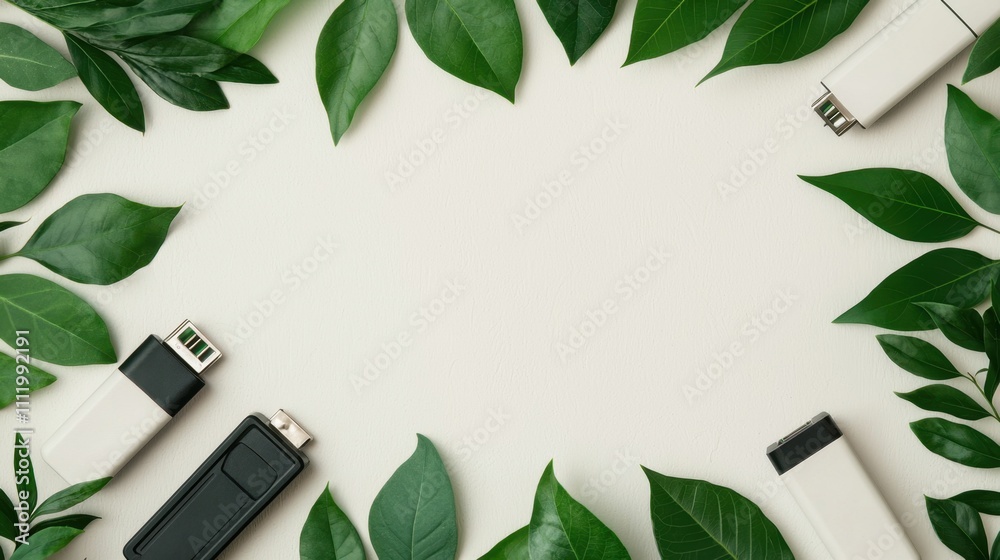 Fototapeta premium Battery replacement and tools, A creative arrangement of USB drives surrounded by fresh green leaves on a light background, symbolizing technology and nature.