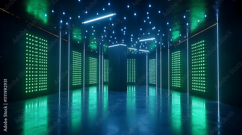 Neon Lights Dance Floor with Reflections and Digital Displays in a Futuristic Environment Neon Lights Dance Floor with Reflections and Digital Displays in a Futuristic Environment