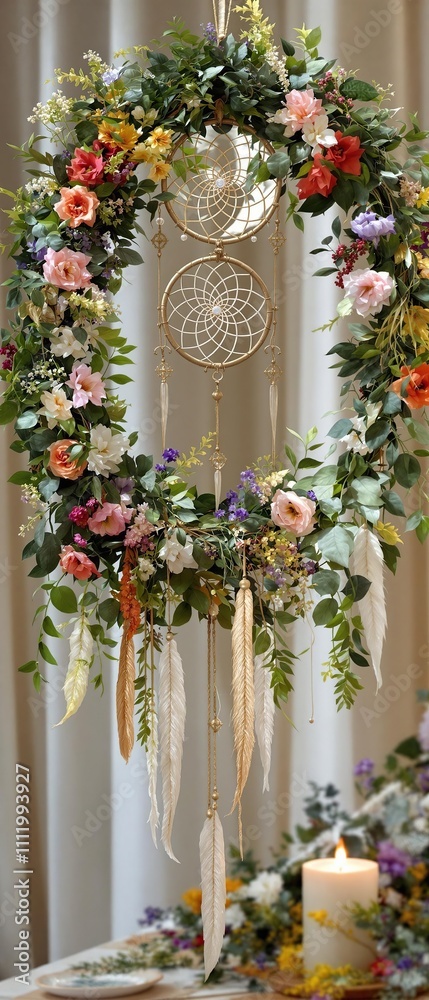 Bohemian weeding wreath with dreamcatcher and scented candle, candle, eclectic