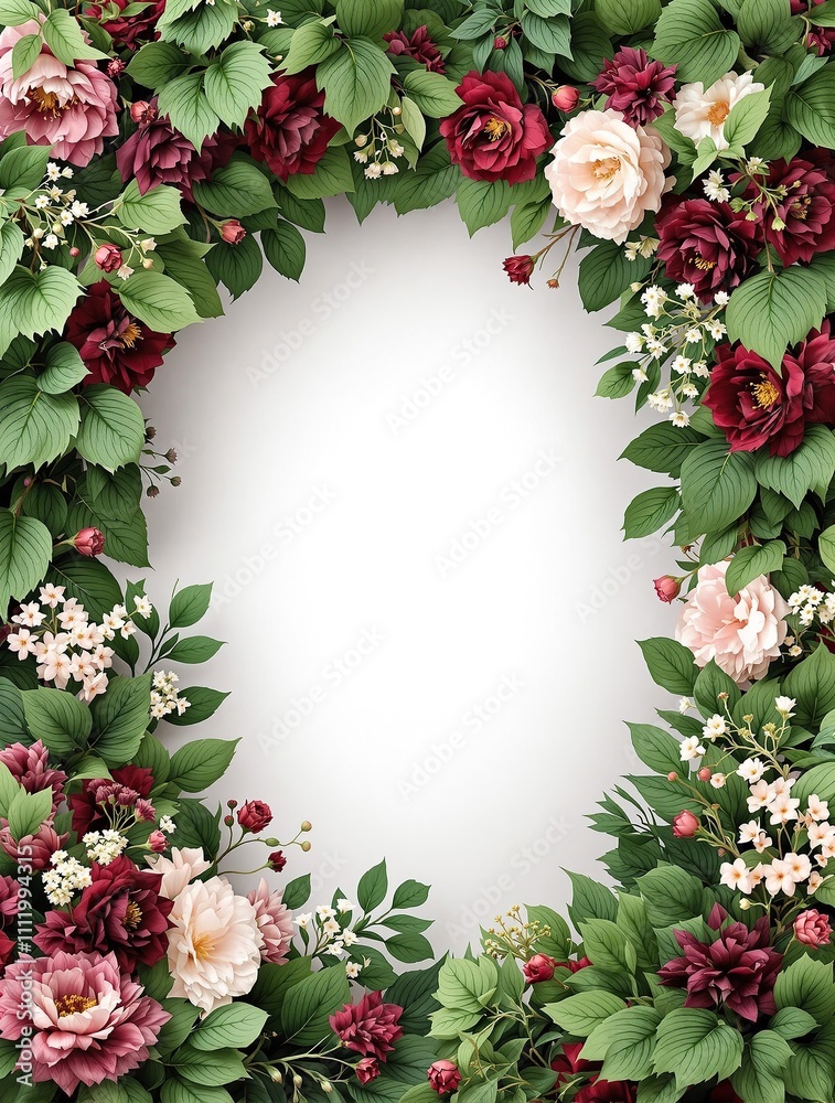 Botanical frame design with lush green leaves, bold burgundy maroon flowers, delicate blush pink blooms, and white floral accents, artistic composition, romantic aesthetics Botanical frame design with lush green leaves, bold burgundy maroon flowers, delicate blush pink blooms, and white floral accents, artistic composition, romantic aesthetics