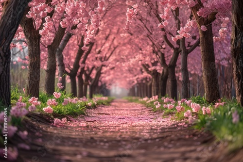 Pink cherry blossom trees lining a path with fallen petals on the ground. AI generative. .