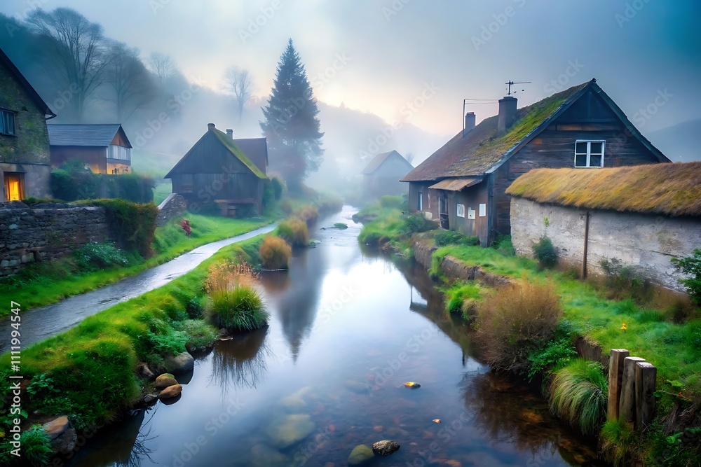 Fototapeta premium creative and unique background images captures the serene beauty of fog in nature, bustling cities, and tranquil villages. Featuring soft, misty textures, and atmospheric details, these designs evoke 