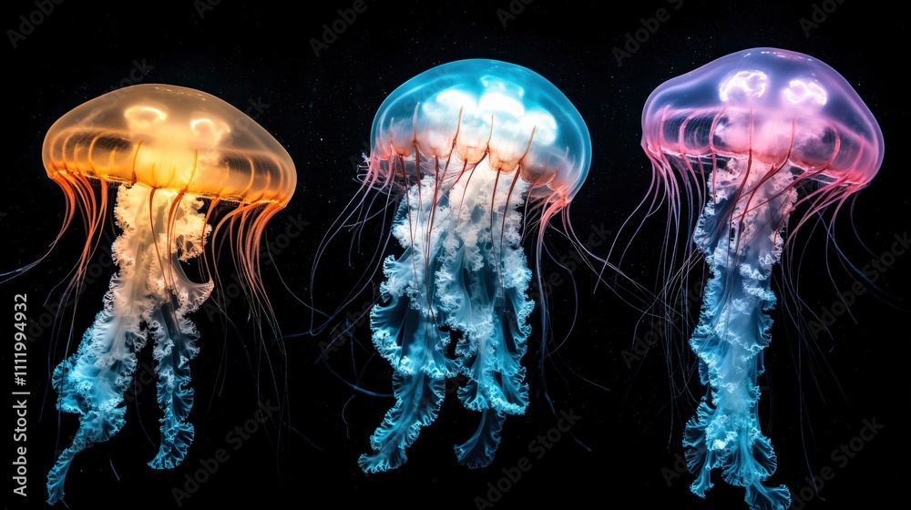 Close-Up of Colorful Jellyfish Swimming in Dark Ocean Waters
Close-Up of Colorful Jellyfish Swimming in Dark Ocean Waters