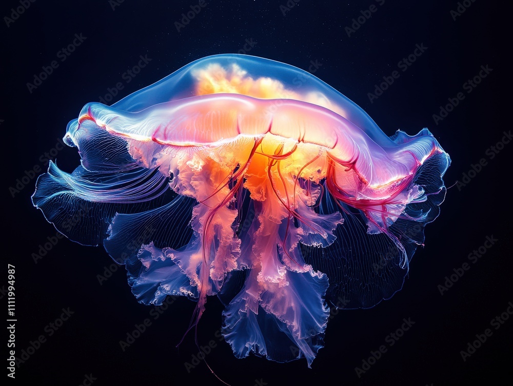Close-Up of Colorful Jellyfish Swimming in Dark Ocean Waters
Close-Up of Colorful Jellyfish Swimming in Dark Ocean Waters