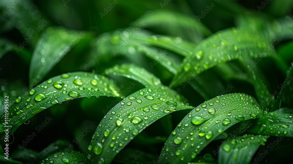 Close up of dewy green leaves with water drops. AI generative. . Close up of dewy green leaves with water drops. AI generative. .