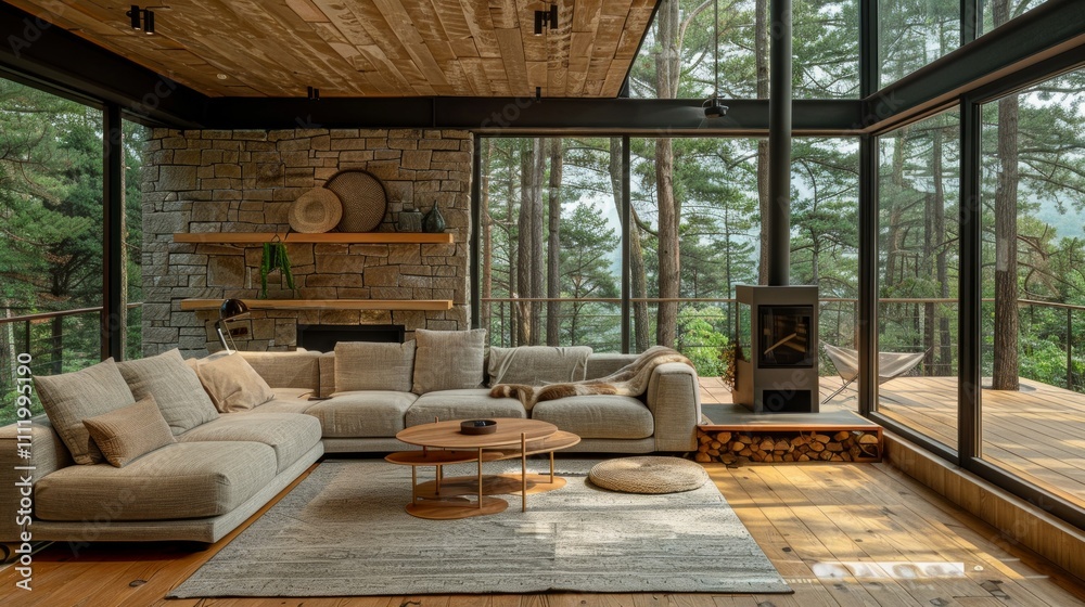 A modern living room with a large sectional sofa, wooden coffee table, and a fireplace. The windows overlook a forest. AI generative. . A modern living room with a large sectional sofa, wooden coffee table, and a fireplace. The windows overlook a forest. AI generative. .