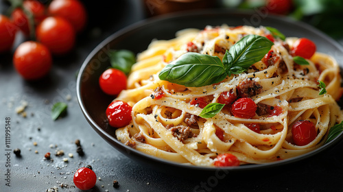 Delicious fettuccine pasta with cherry tomatoes and basil served in a rustic bowl with fresh ingredients nearby. Generative AI