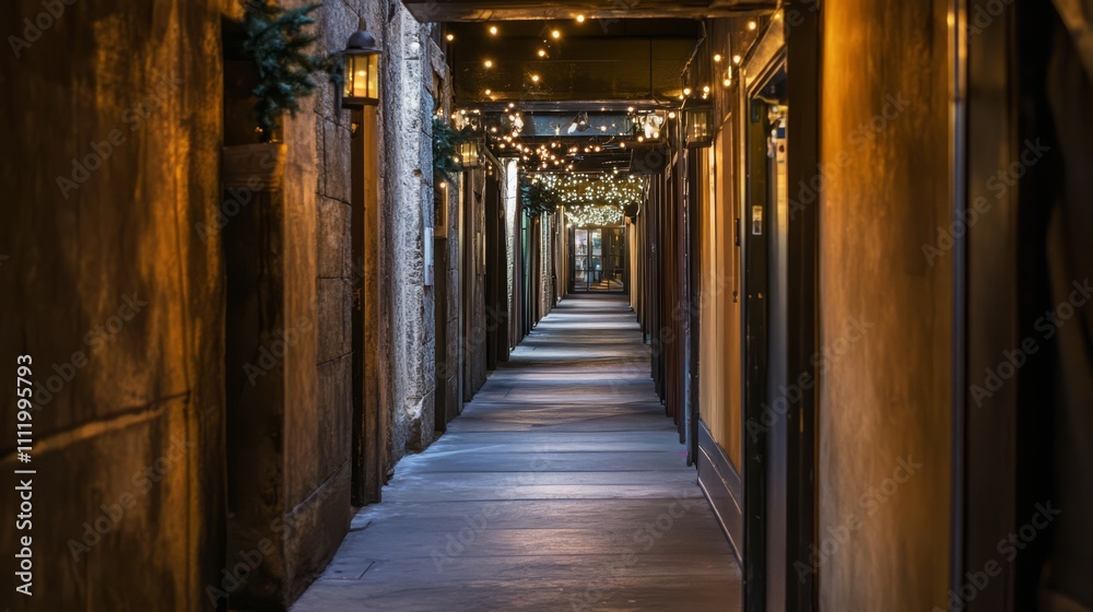 Long, dimly lit corridor with doors and string lights. Long, dimly lit corridor with doors and string lights.