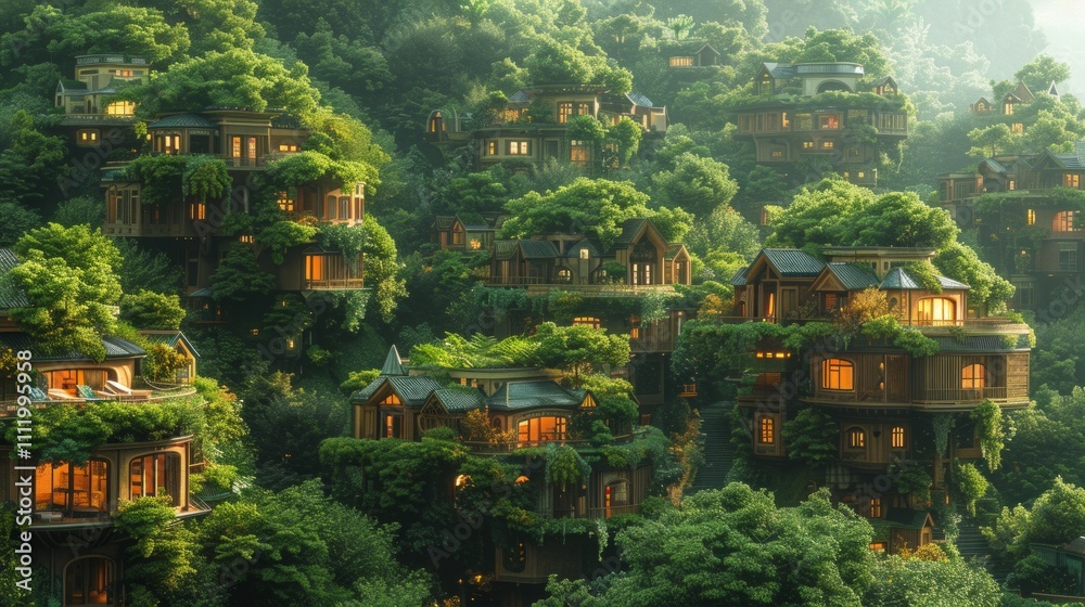 A hillside covered in lush greenery with charming houses nestled amongst the trees. The houses have warm, inviting lights shining from their windows. AI generative. . A hillside covered in lush greenery with charming houses nestled amongst the trees. The houses have warm, inviting lights shining from their windows. AI generative. .