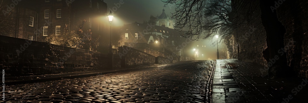 Φωτογραφία A foggy, cobblestone street at night, illuminated by street lamps and buildings