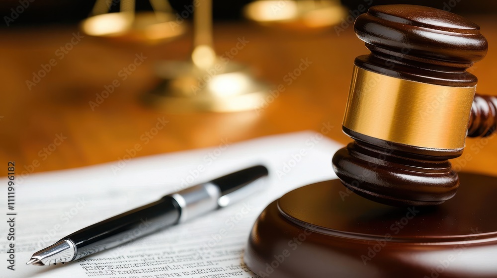 Gavel and Pen on Legal Documents with Scales of Justice Background Gavel and Pen on Legal Documents with Scales of Justice Background