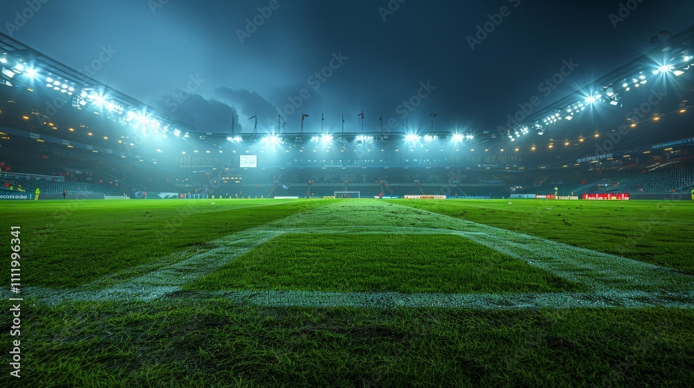 Green grass soccer field under stadium lights. AI generative. . Green grass soccer field under stadium lights. AI generative. .