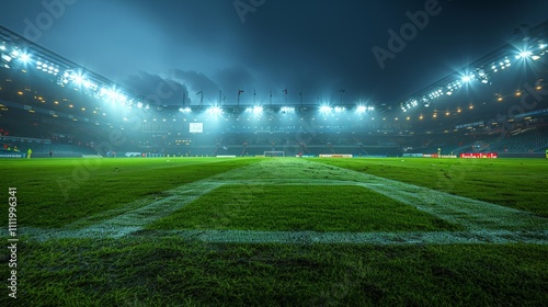 Green grass soccer field under stadium lights. AI generative. .