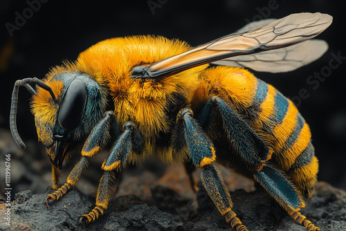 Vibrant Yellow And Blue Bee On Dark Surface photo