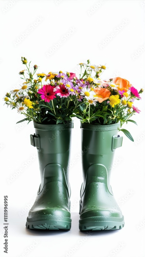 Two green boots with flowers in them on a white surface Two green boots with flowers in them on a white surface
