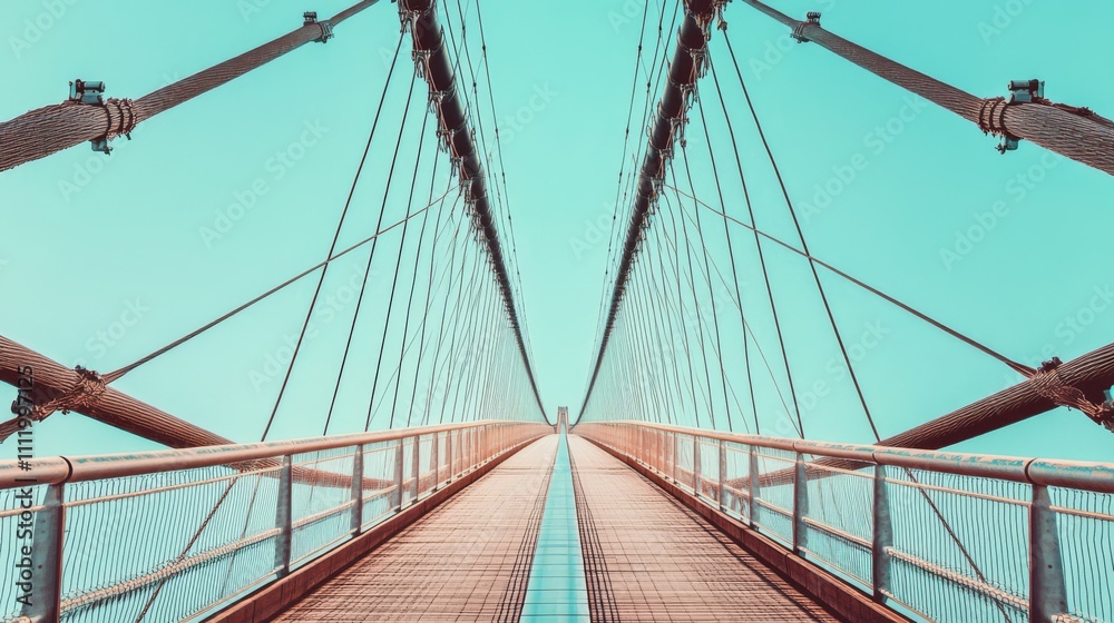 Obraz premium Low-angle view of a modern suspension bridge walkway.