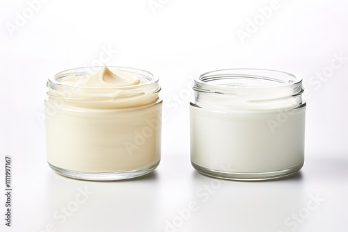 set of butter cream in a ceramic bowl, top view on a white background 