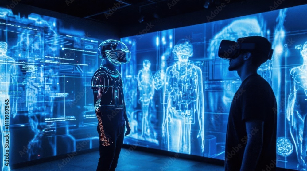 Two individuals engage in virtual reality within a high-tech environment. Two individuals engage in virtual reality within a high-tech environment.