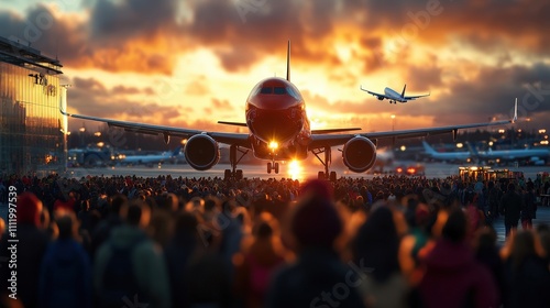 A bustling airport scene at sunset, filled with crowds and airplanes in the background, reflecting the excitement and anticipation of travel and exploration. photo