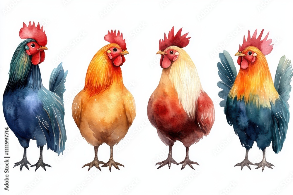 Fototapeta premium Four colorful roosters standing side by side, showcasing different feather patterns and colors.