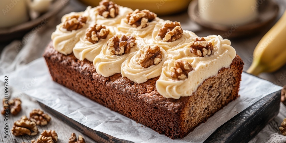 Loaf of cake with cream frosting and walnuts Loaf of cake with cream frosting and walnuts