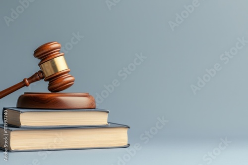 Gavel Resting on Legal Books Against Soft Blue Background