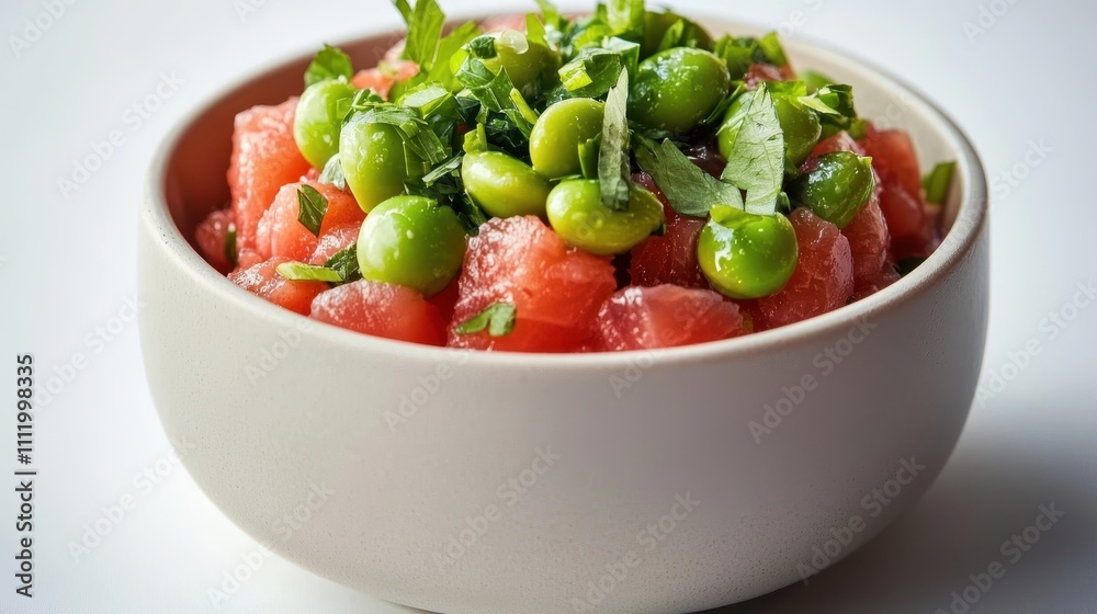 Fresh Watermelon Salad with Edamame and Herbs in a Bowl Fresh Watermelon Salad with Edamame and Herbs in a Bowl