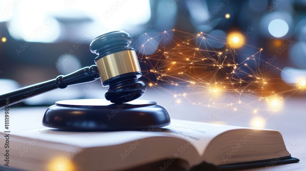 Gavel and Open Book with Abstract Digital Connections Background Gavel and Open Book with Abstract Digital Connections Background
