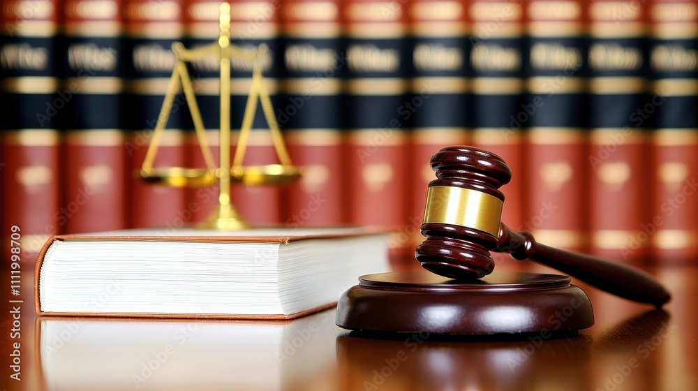 Justice System Concept with Gavel and Scales of Justice in Court Justice System Concept with Gavel and Scales of Justice in Court