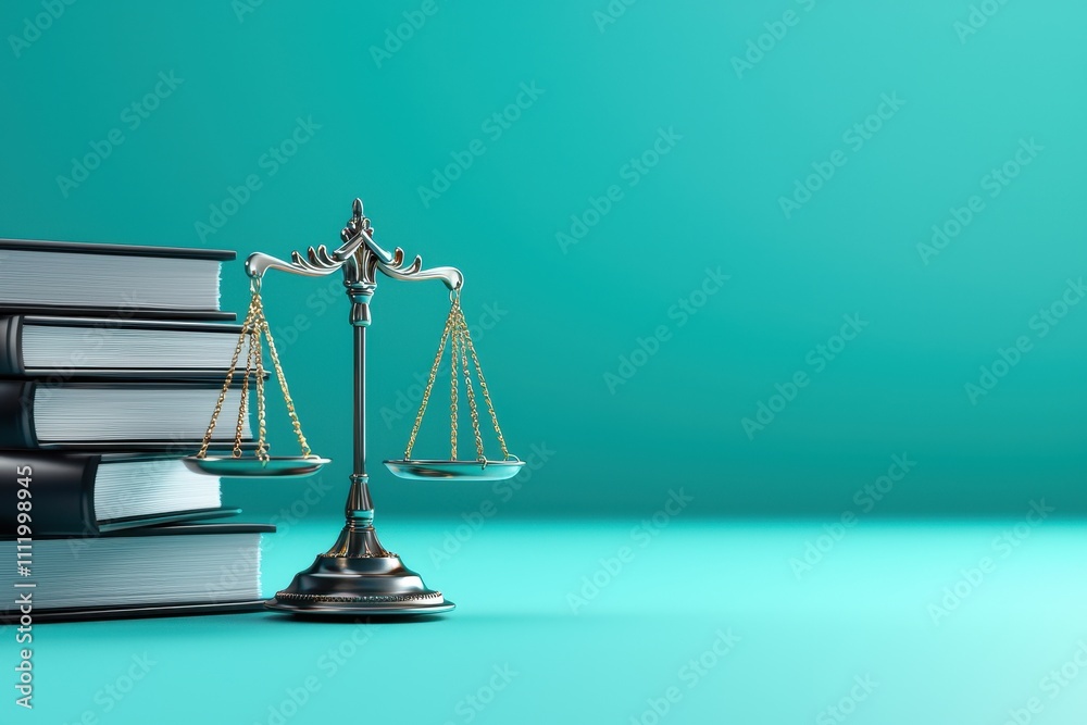 Legal Scales of Justice with Books on a Turquoise Background Legal Scales of Justice with Books on a Turquoise Background