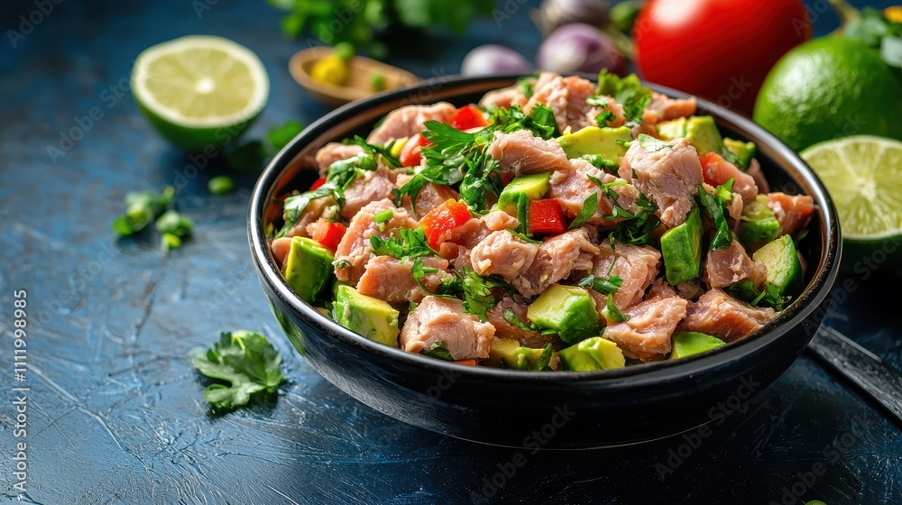 Fresh Salmon Avocado Salad with Herbs and Vegetables in Bowl Fresh Salmon Avocado Salad with Herbs and Vegetables in Bowl