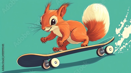 A cute cartoon squirrel is skateboarding, photo