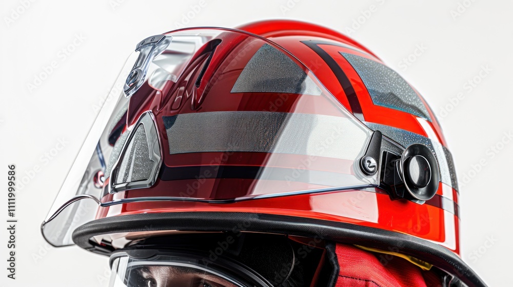 Close-up of a firefighter helmet with reflective strips and clear visor, showing the firefighter's determined eyes. Shot against a white background for sharper, more detailed images. Close-up of a firefighter helmet with reflective strips and clear visor, showing the firefighter's determined eyes. Shot against a white background for sharper, more detailed images.