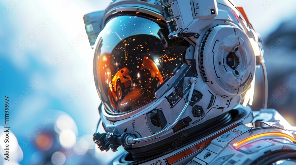A close-up of a space explorer's suit, showing the intricate details of the equipment and the reflective visor, capturing the advanced technology needed for space missions. A close-up of a space explorer's suit, showing the intricate details of the equipment and the reflective visor, capturing the advanced technology needed for space missions.