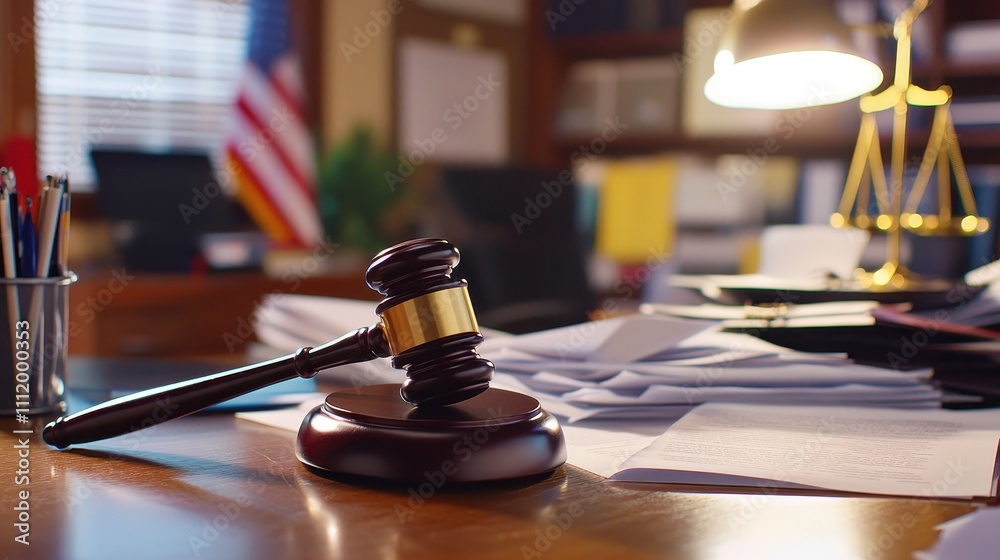 Wooden Gavel on Desk Surrounded by Documents and Legal Scales Wooden Gavel on Desk Surrounded by Documents and Legal Scales