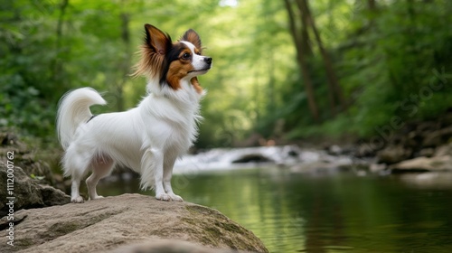 Small white and brown dog standing on a rock by a serene river in lush green forest during daytime, showcasing a moment of curiosity and adventure in nature. photo