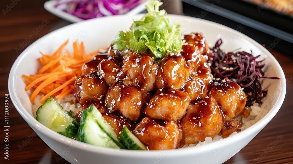 Delicious bowl of teriyaki chicken with fresh vegetables and rice Delicious bowl of teriyaki chicken with fresh vegetables and rice