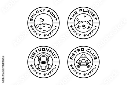 astronaut, planet with flag pole, surface meteor, spaceship landing on moon outline modern illustration badge logo design set for astronautic, science, galaxy, space, adventure, kids merchandise