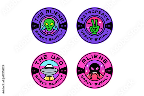 alien head with astronaut uniform, alien peace hand, ufo spaceship, alien shadow colorful modern illustration badge logo design set for astronautic, science, galaxy, space, adventure, kids merchandise